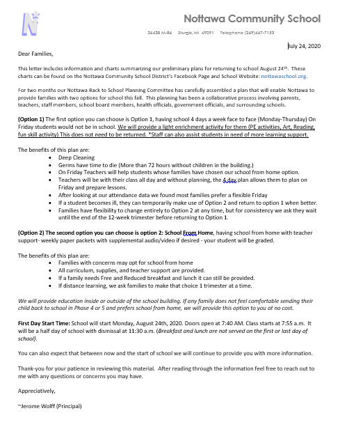 Letter To Families About Options 1 and 2